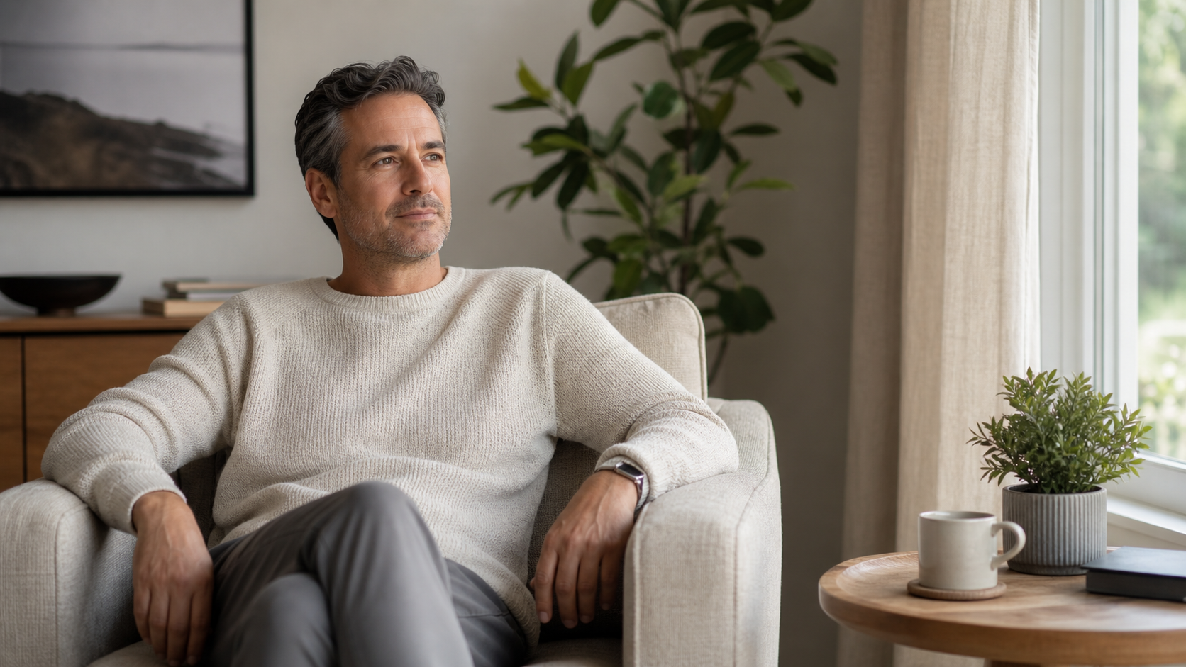Person relaxed at home, collection setting