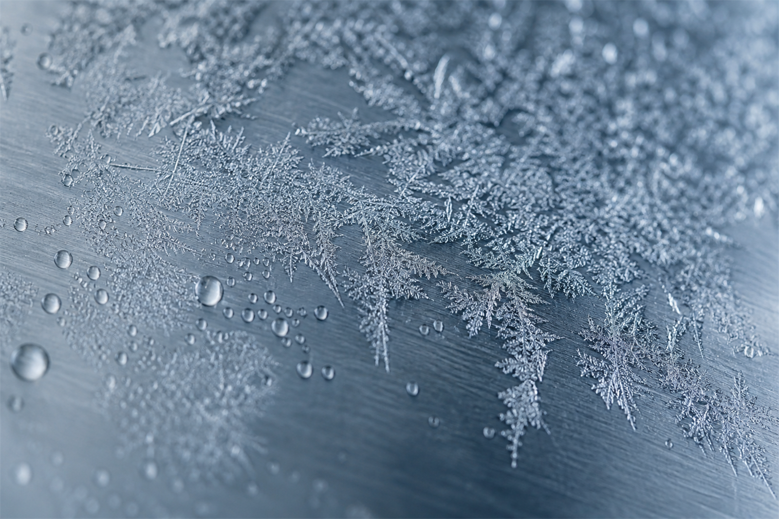 Macro close-up of ice crystals forming on a cold metallic surface